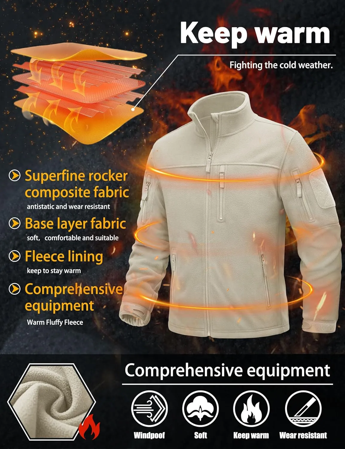 TACVASEN Men's Fleece Jacket Full Zip Winter Jacket Lightweight Tactical Jackets Outdoor Hiking Coats with Pockets
