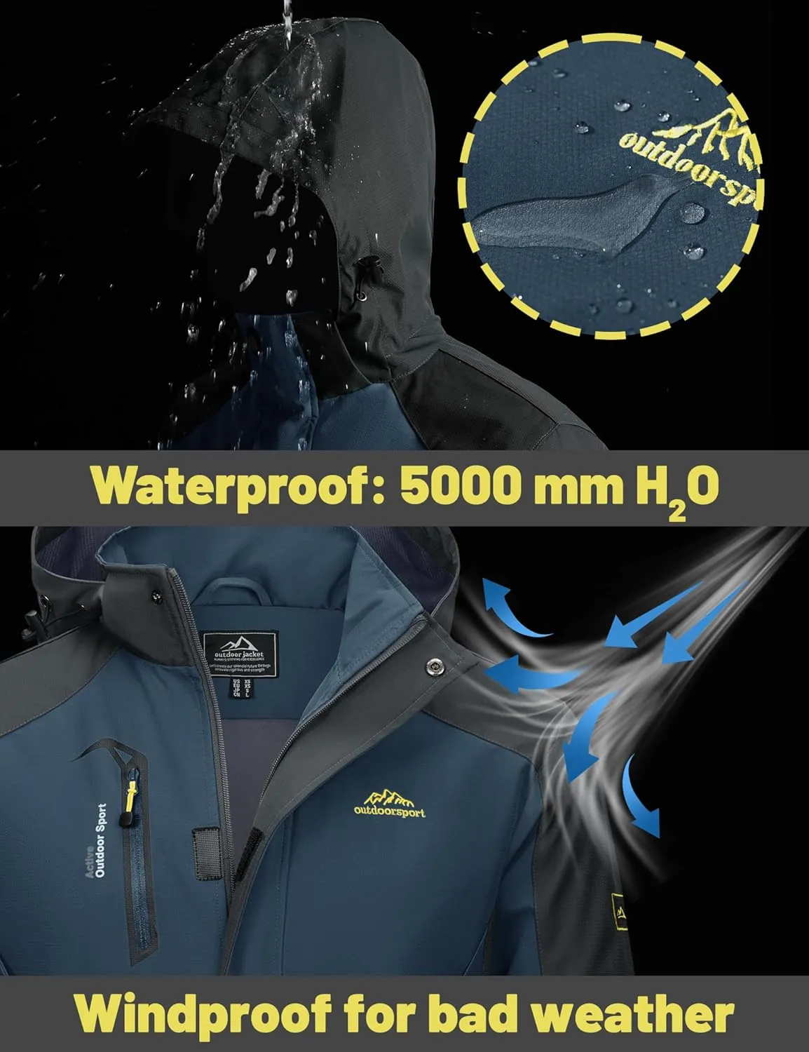 TACVASEN Mens Rain Coats Casual Waterproof with Hood Jackets Lightweight Zipper Pocket for Running Hiking Climbing