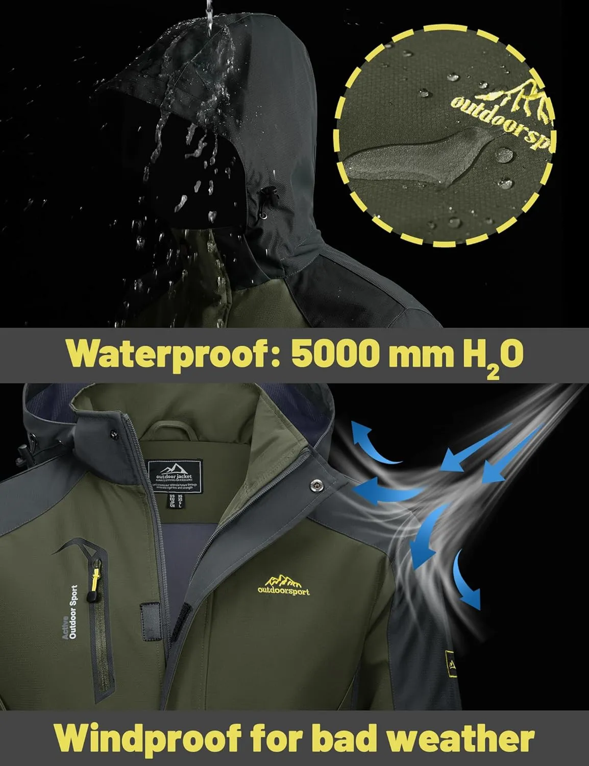 TACVASEN Mens Rain Coats Casual Waterproof with Hood Jackets Lightweight Zipper Pocket for Running Hiking Climbing