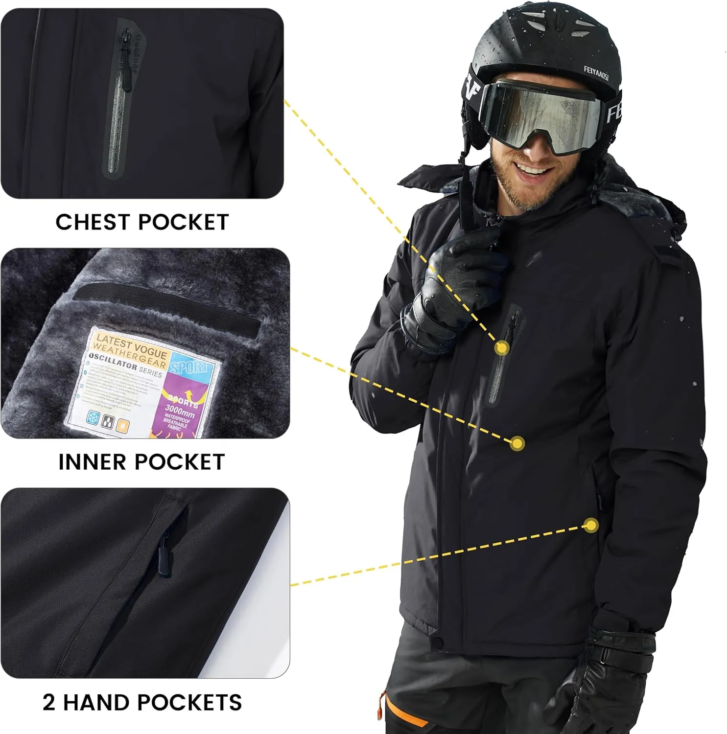 TACVASEN Men's Ski Snowboard Jacket Warm Winter Windproof Hiking Fishing Travel Fleece Lined Jacket Hooded with Pockets