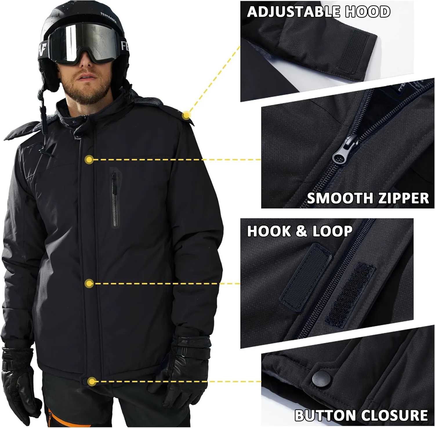 TACVASEN Men's Ski Snowboard Jacket Warm Winter Windproof Hiking Fishing Travel Fleece Lined Jacket Hooded with Pockets