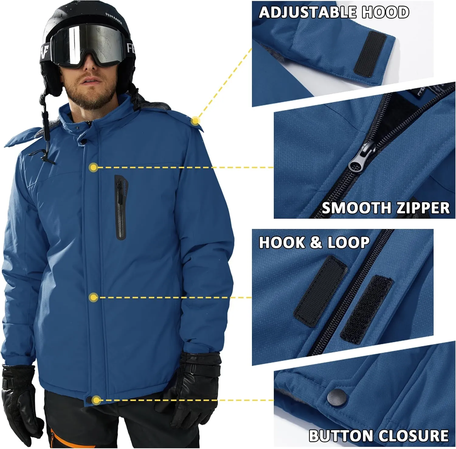 TACVASEN Men's Ski Snowboard Jacket Warm Winter Windproof Hiking Fishing Travel Fleece Lined Jacket Hooded with Pockets