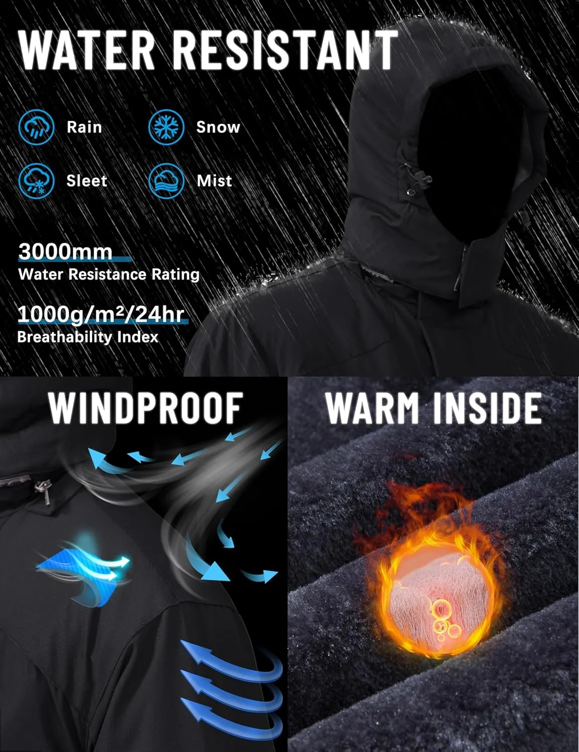 TACVASEN Men's Ski Snowboard Jacket Warm Winter Windproof Hiking Fishing Travel Fleece Lined Jacket Hooded with Pockets