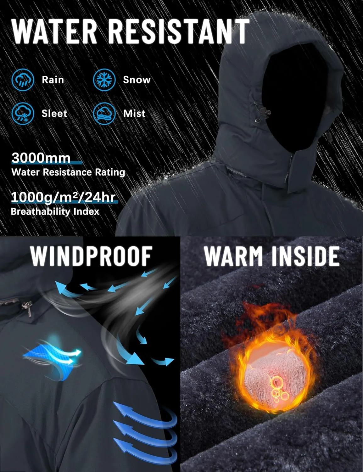 TACVASEN Men's Ski Snowboard Jacket Warm Winter Windproof Hiking Fishing Travel Fleece Lined Jacket Hooded with Pockets