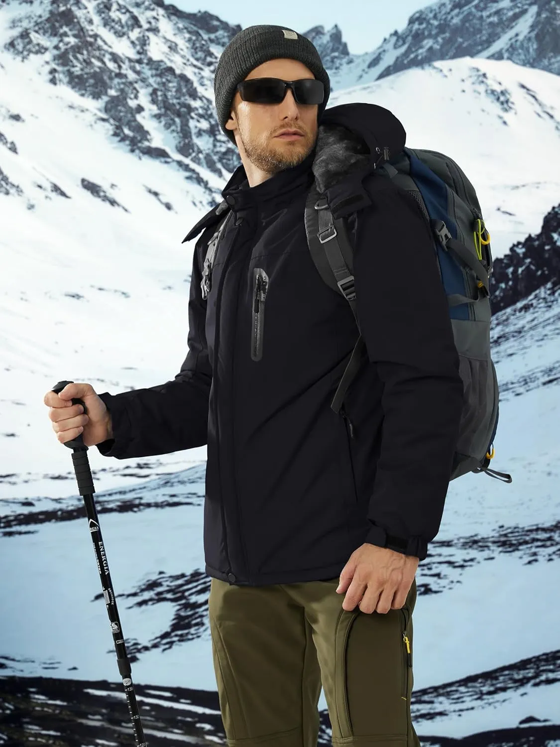 TACVASEN Men's Ski Snowboard Jacket Warm Winter Windproof Hiking Fishing Travel Fleece Lined Jacket Hooded with Pockets