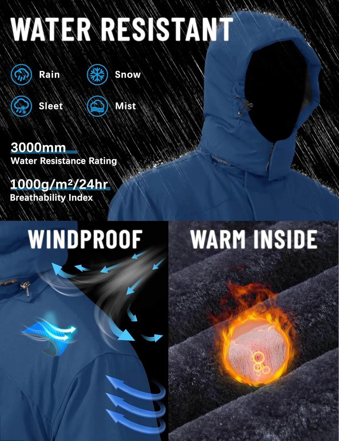 TACVASEN Men's Ski Snowboard Jacket Warm Winter Windproof Hiking Fishing Travel Fleece Lined Jacket Hooded with Pockets