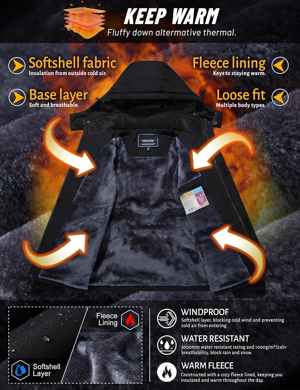 TACVASEN Men's Ski Snowboard Jacket Warm Winter Windproof Hiking Fishing Travel Fleece Lined Jacket Hooded with Pockets