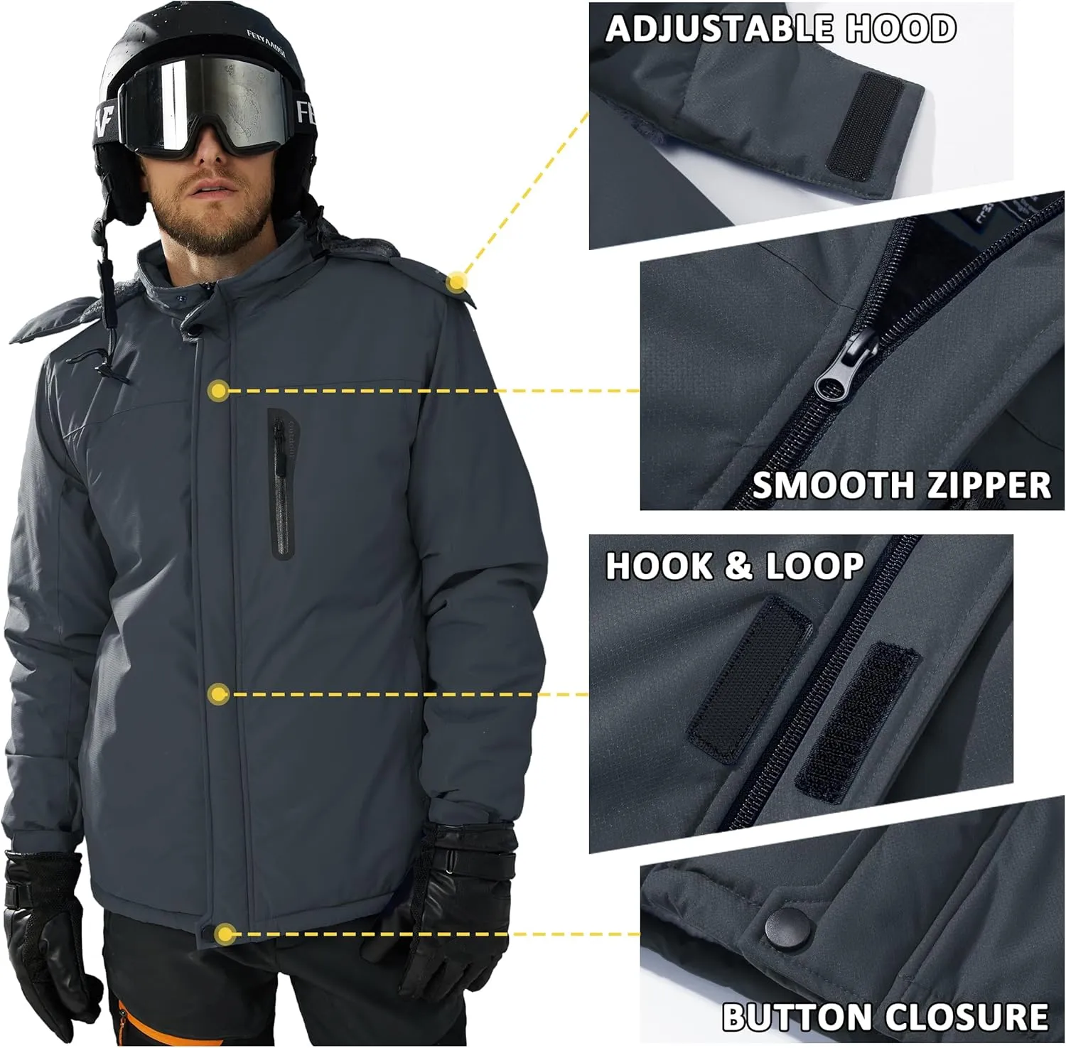 TACVASEN Men's Ski Snowboard Jacket Warm Winter Windproof Hiking Fishing Travel Fleece Lined Jacket Hooded with Pockets
