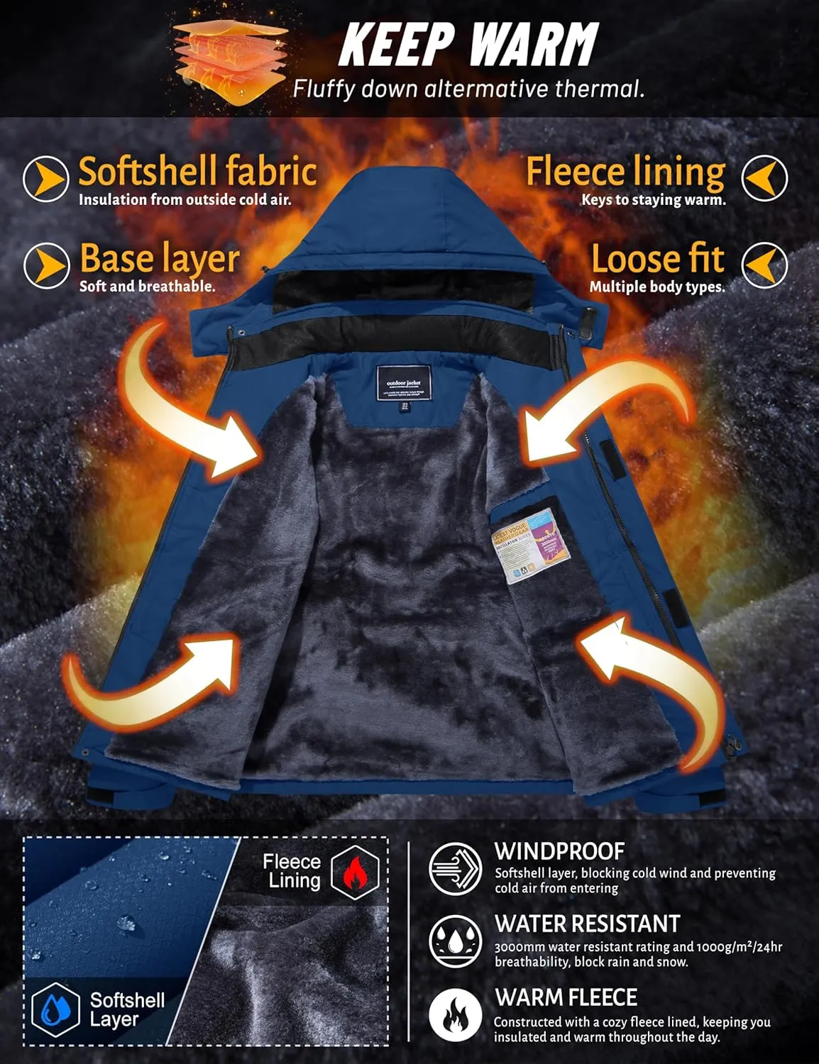 TACVASEN Men's Ski Snowboard Jacket Warm Winter Windproof Hiking Fishing Travel Fleece Lined Jacket Hooded with Pockets