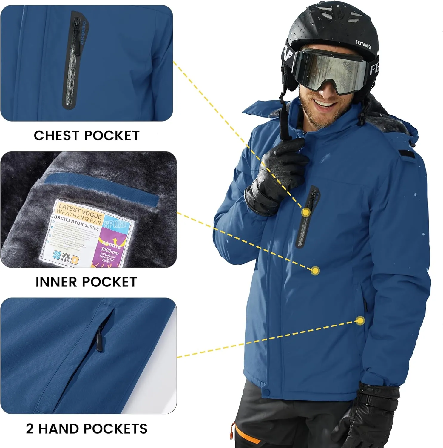TACVASEN Men's Ski Snowboard Jacket Warm Winter Windproof Hiking Fishing Travel Fleece Lined Jacket Hooded with Pockets
