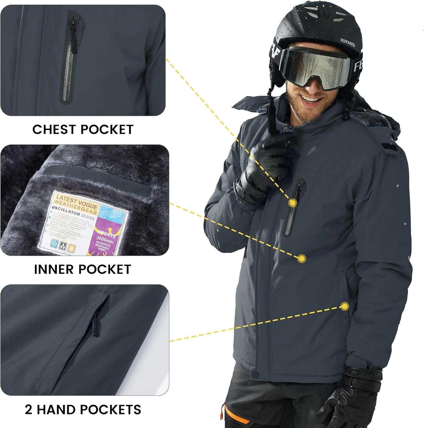 TACVASEN Men's Ski Snowboard Jacket Warm Winter Windproof Hiking Fishing Travel Fleece Lined Jacket Hooded with Pockets