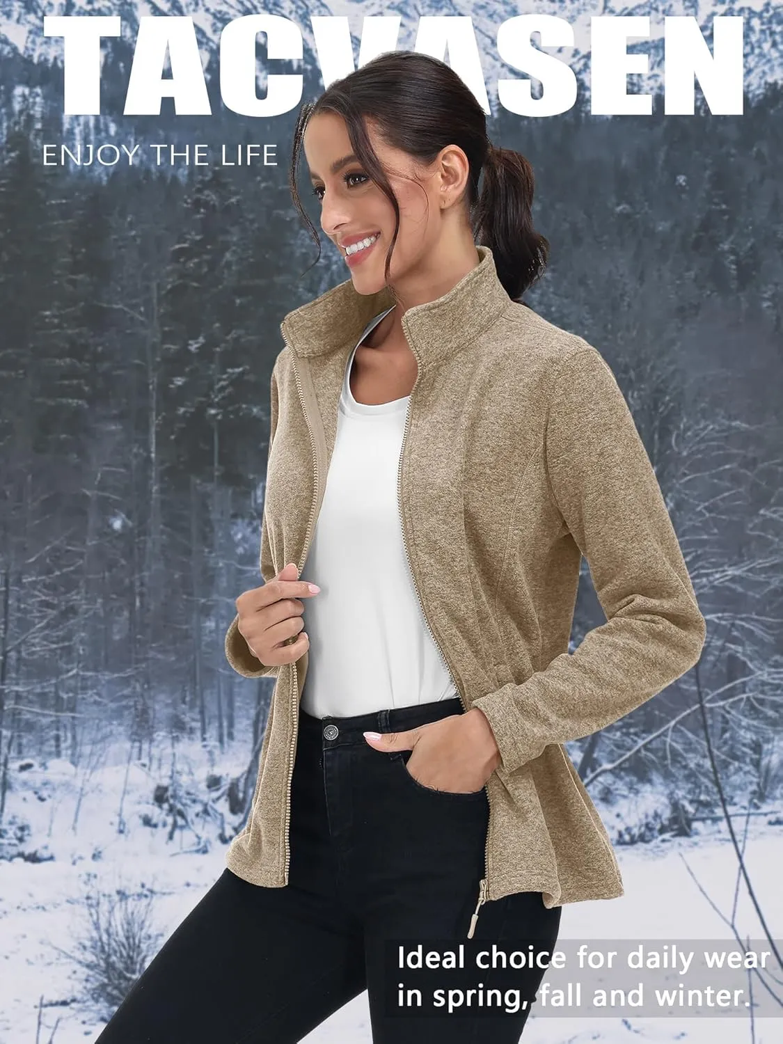 TACVASEN Women's Full Zip Fleece Jacket Lightweight Jacket Womens Winter Warm Coats with 2 Zipper Pockets