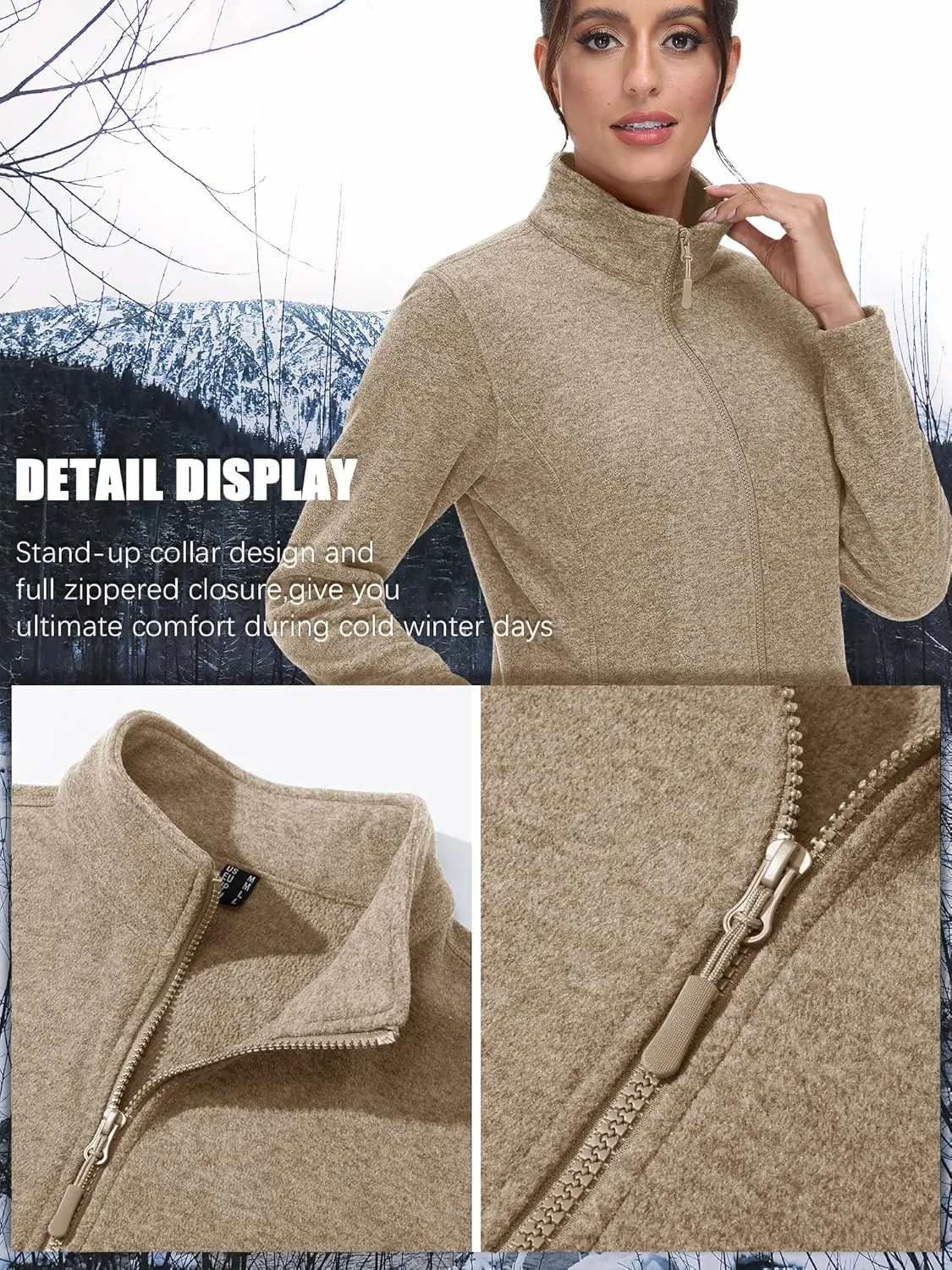 TACVASEN Women's Full Zip Fleece Jacket Lightweight Jacket Womens Winter Warm Coats with 2 Zipper Pockets