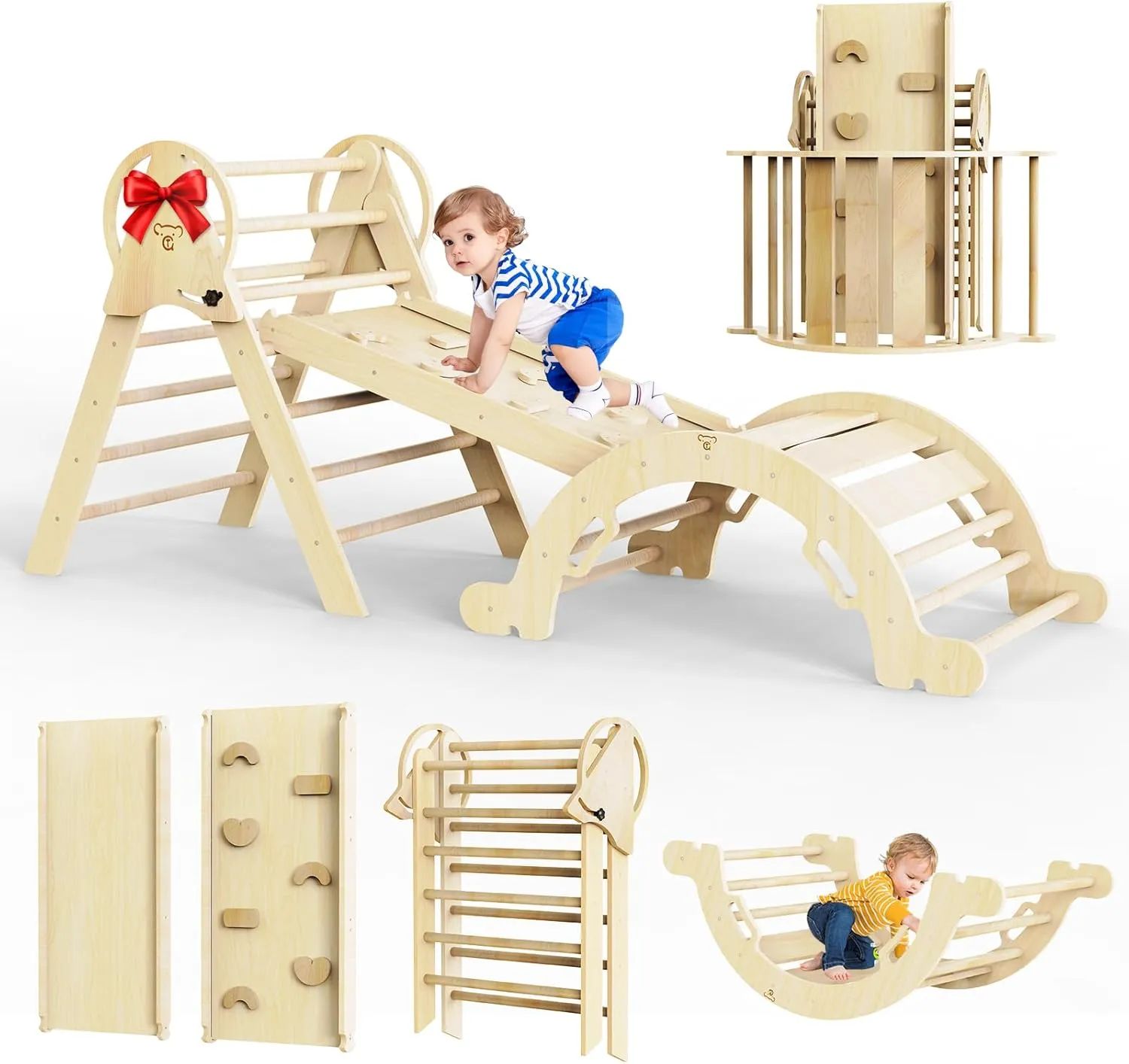 Taleco Gear Pikler Triangle Set 7 in 1,Foldable Baby Climbing Toys Wooden,Toddler Climbing Toys Indoor,Climbing to ys for Toddlers 1-3,with Ramp, Arch and Ladder(Nature Wood)