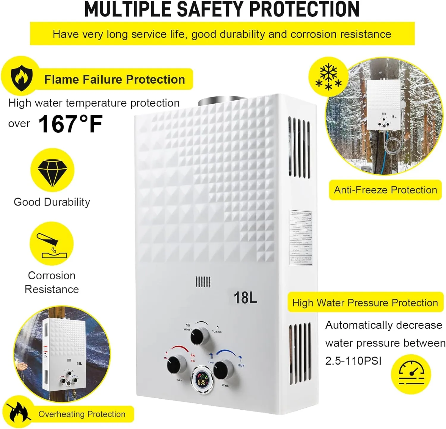 Tankless Water Heater Propane 4.74GPM 18L Outdoor Portable GasHot Water Heater Instant Propane Water Heater with Digital Display Multi-Protection for Camping Trips Boat