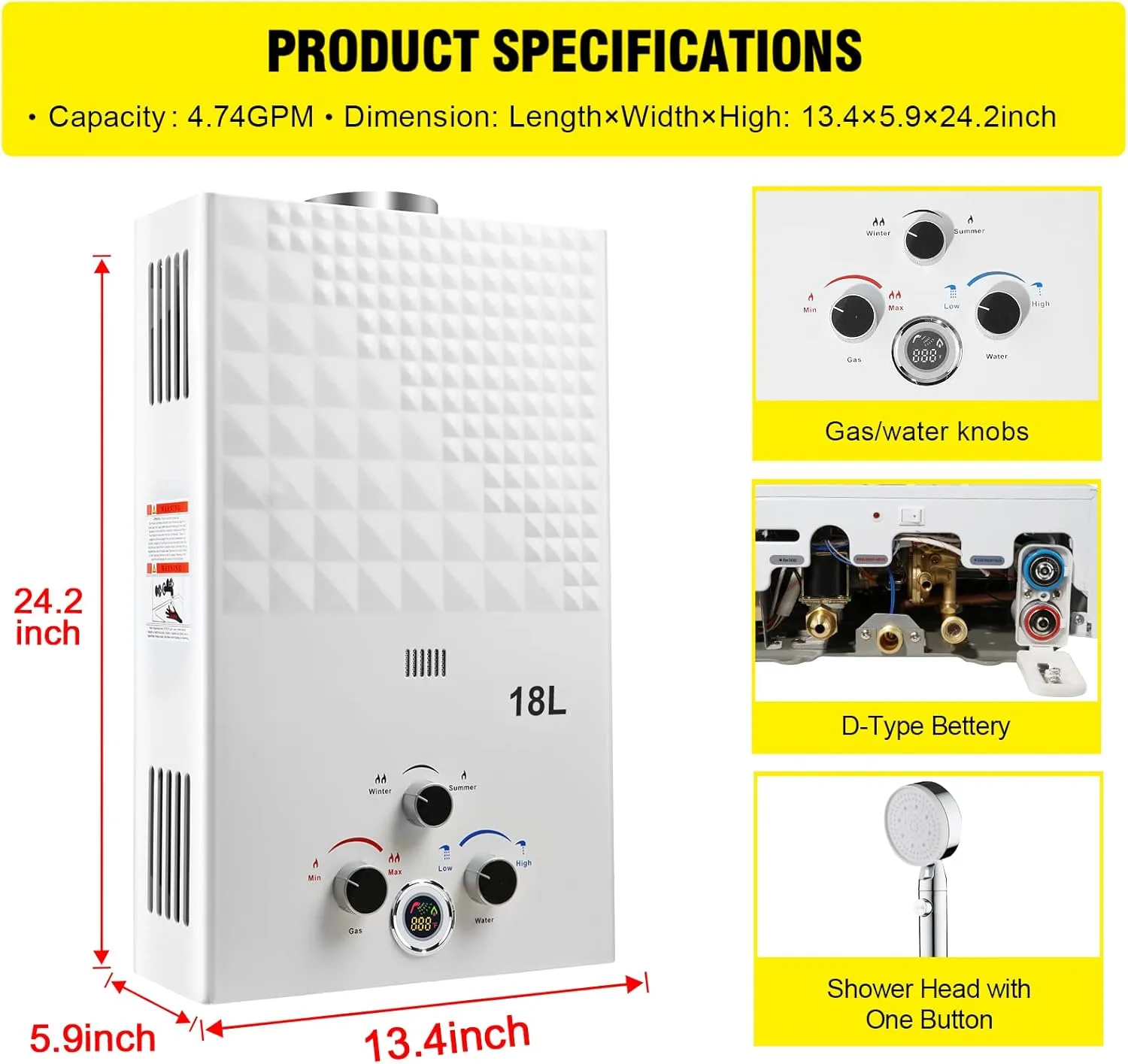 Tankless Water Heater Propane 4.74GPM 18L Outdoor Portable GasHot Water Heater Instant Propane Water Heater with Digital Display Multi-Protection for Camping Trips Boat