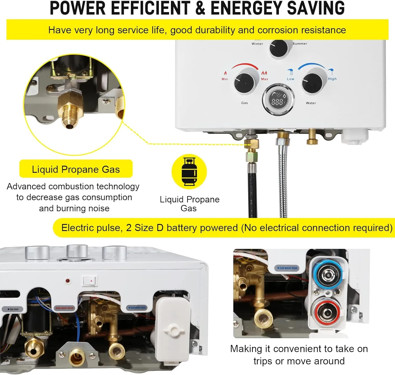 Tankless Water Heater Propane 4.74GPM 18L Outdoor Portable GasHot Water Heater Instant Propane Water Heater with Digital Display Multi-Protection for Camping Trips Boat