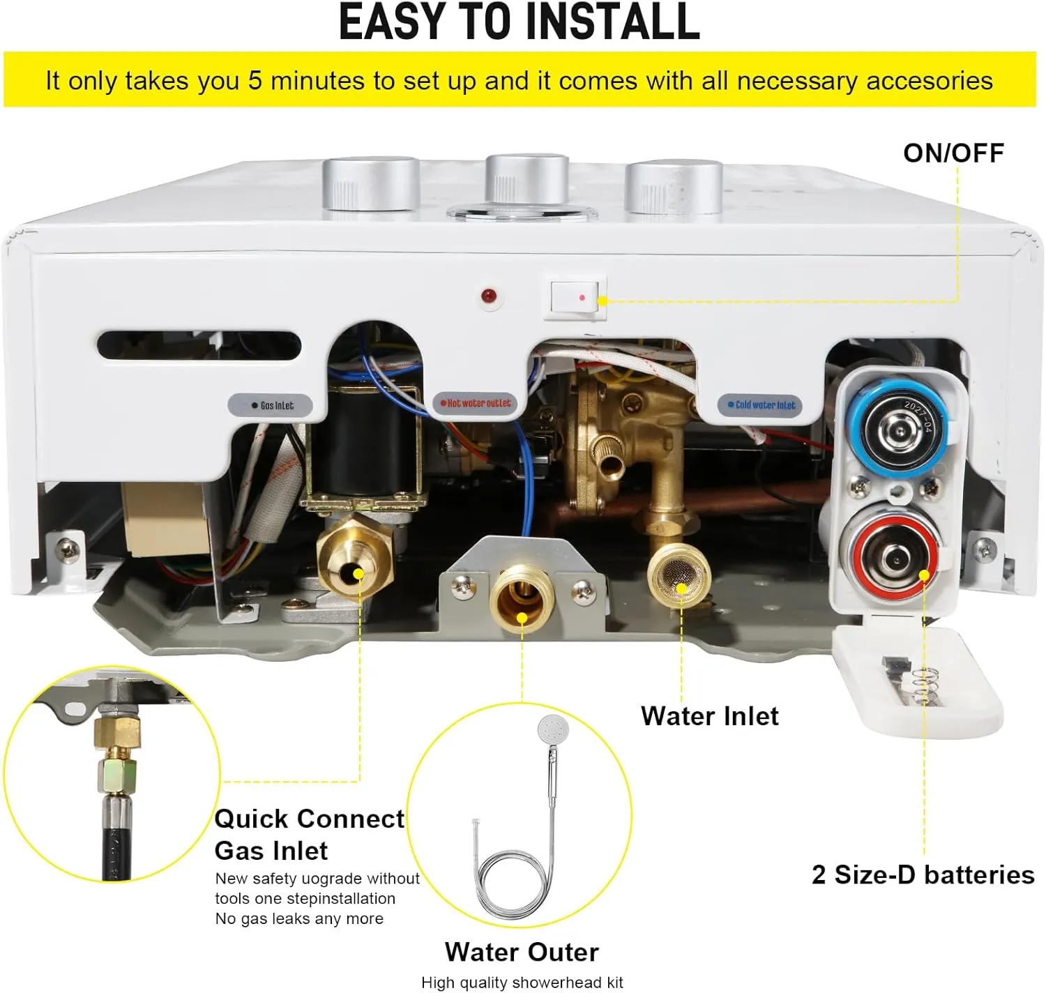 Tankless Water Heater Propane 4.74GPM 18L Outdoor Portable GasHot Water Heater Instant Propane Water Heater with Digital Display Multi-Protection for Camping Trips Boat