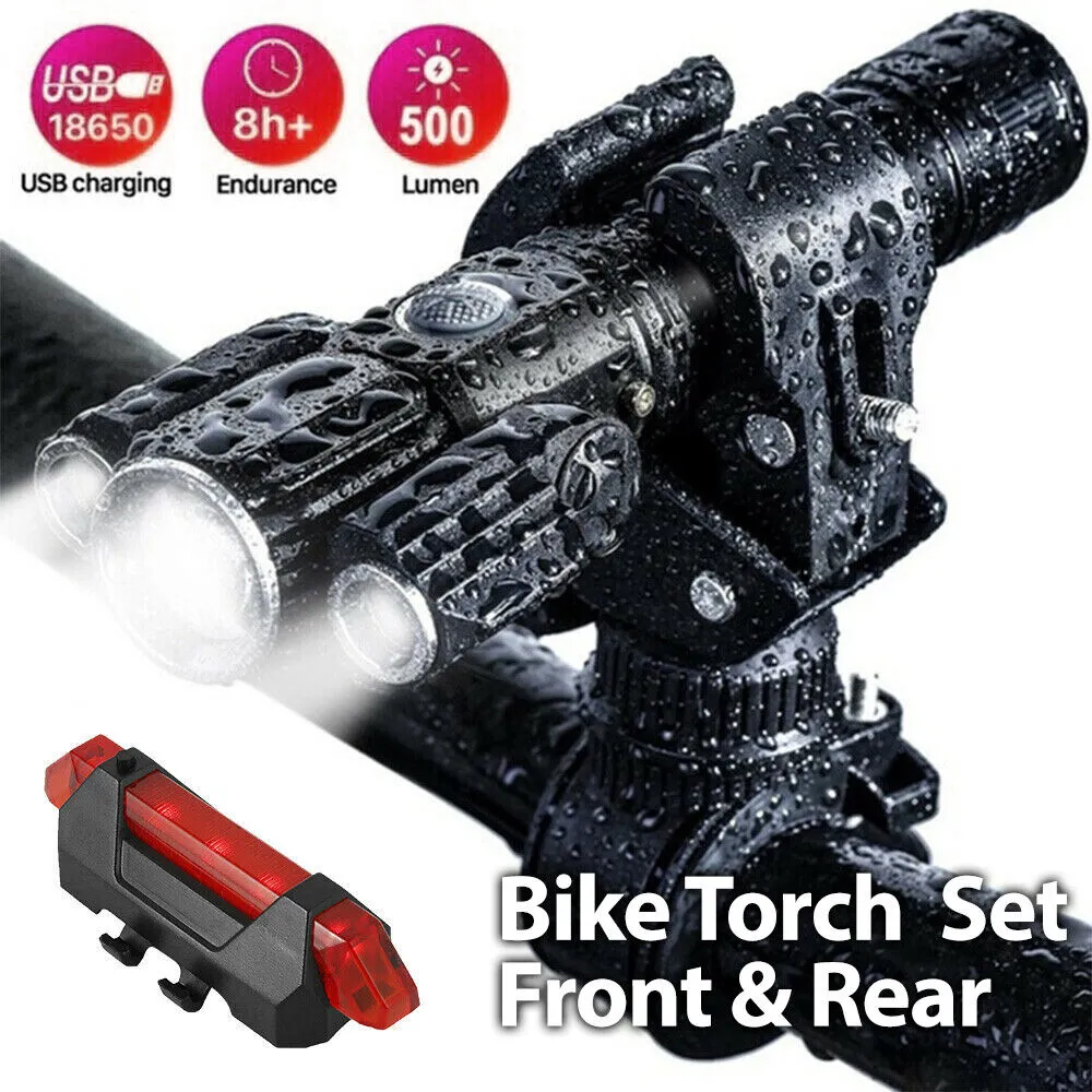 Torch Front & Rear Set Bike Bicycle Mountain LED Lights Rechargeable Lamp USB AU