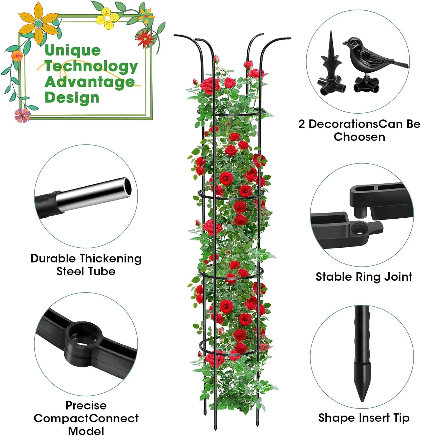 Tower Obelisk Garden Trellis for Climbing Plant，73.6inch Rustproof Metal Potted Plant Climbing Support for Indoor Outdoor Flowers Vegetable Fruits Vines Support （1pcs）