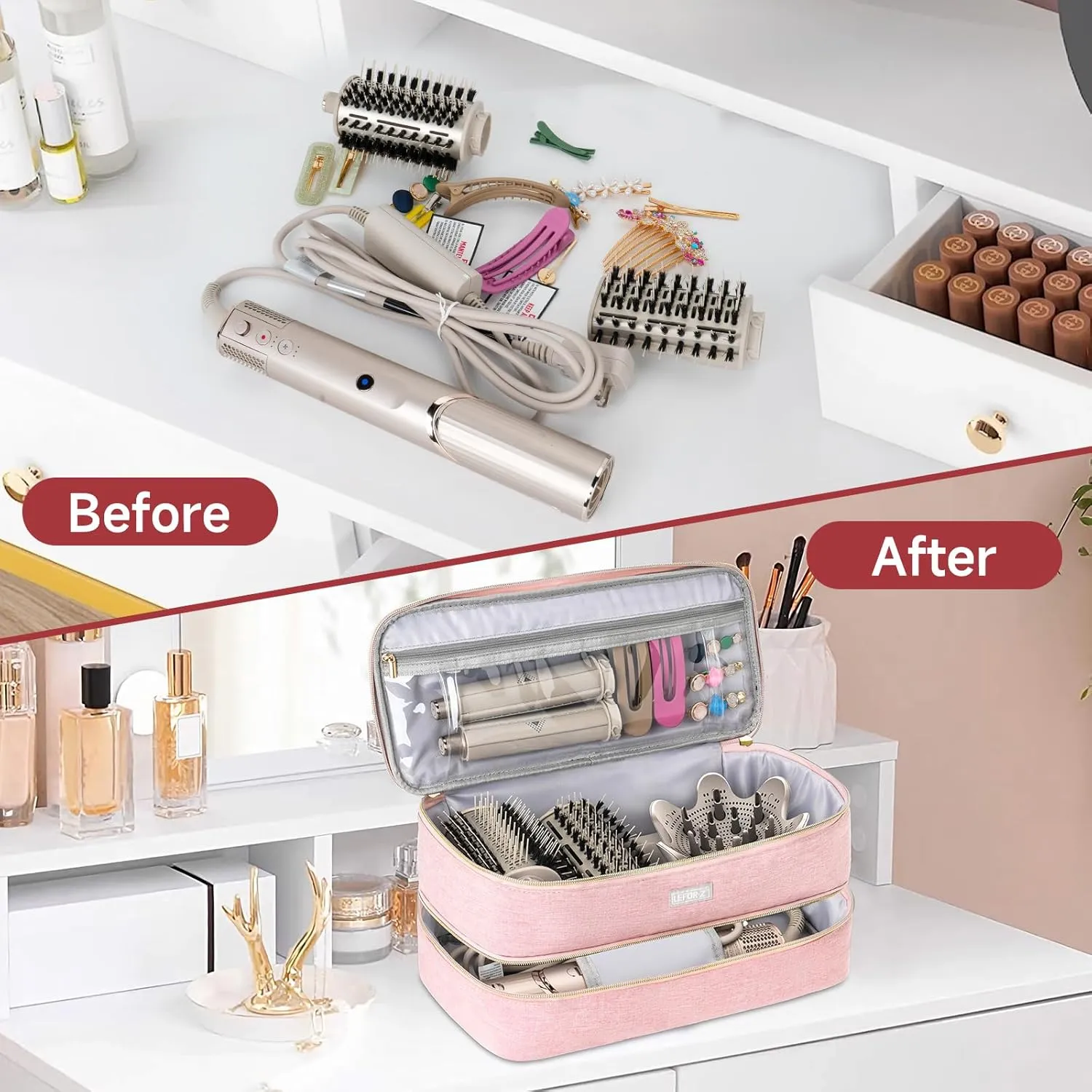 Travel Carrying Case Compatible with Shark Flexstyle Styler/Hair Dryer,Double-Layer Hair Hot Tools Storage Bag Compatible with Dyson Airwrap Styler/Supersonic Hair Dryer and Attachments,Pink(Bag Only)
