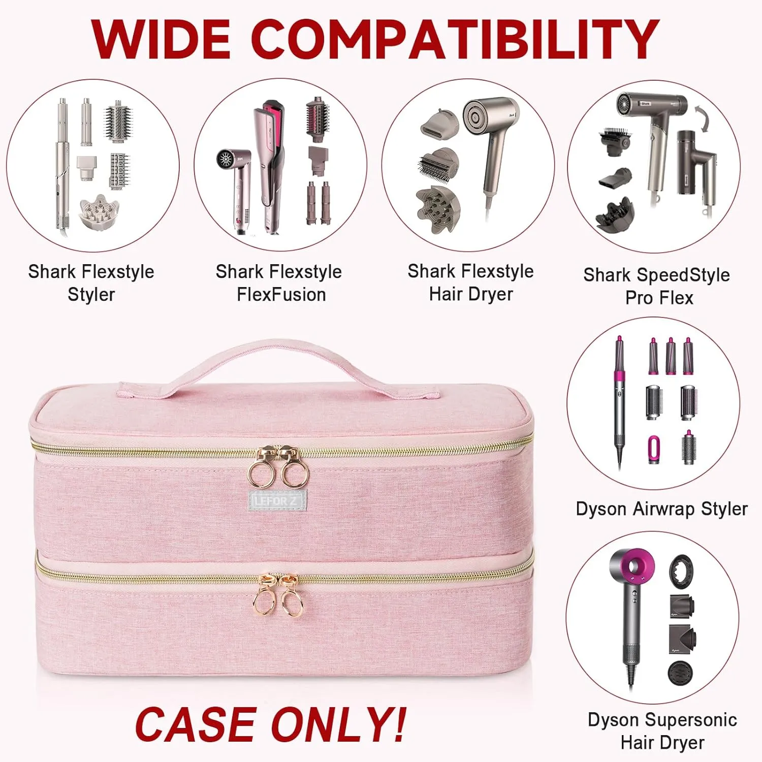 Travel Carrying Case Compatible with Shark Flexstyle Styler/Hair Dryer,Double-Layer Hair Hot Tools Storage Bag Compatible with Dyson Airwrap Styler/Supersonic Hair Dryer and Attachments,Pink(Bag Only)