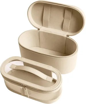 Travel Makeup Cases skincare Bag Beige White Organizer Leather Stand Hard Small Make up with Double Zipper Toiletry Cosmetic Brush Skin Care Storage Pouch