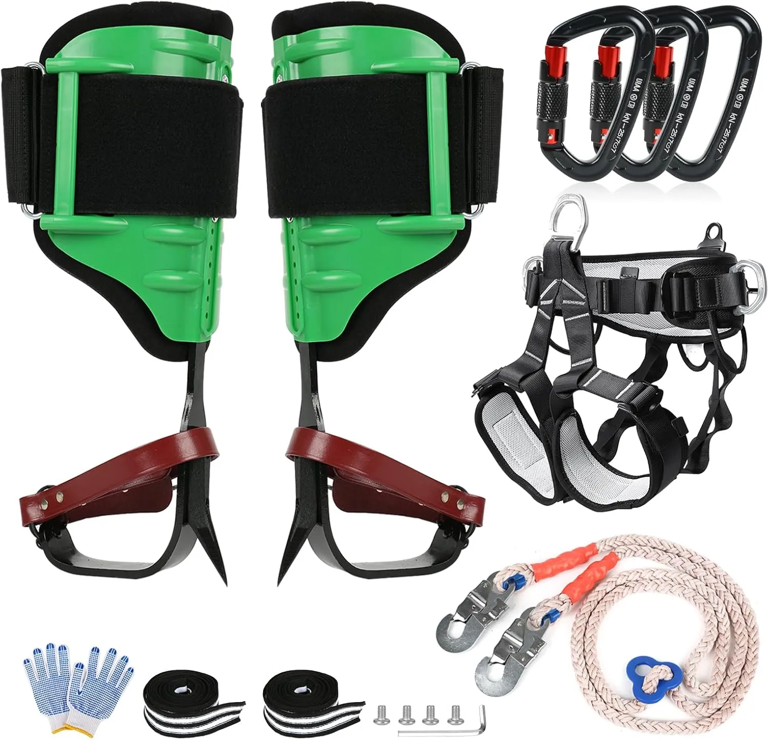 Tree Climbing Spike Set with Adjustable Straps and EVA Leg Padding, Upgrade Adjustable Climbing Step Gear with Seat Belt, Rope and D-Rings