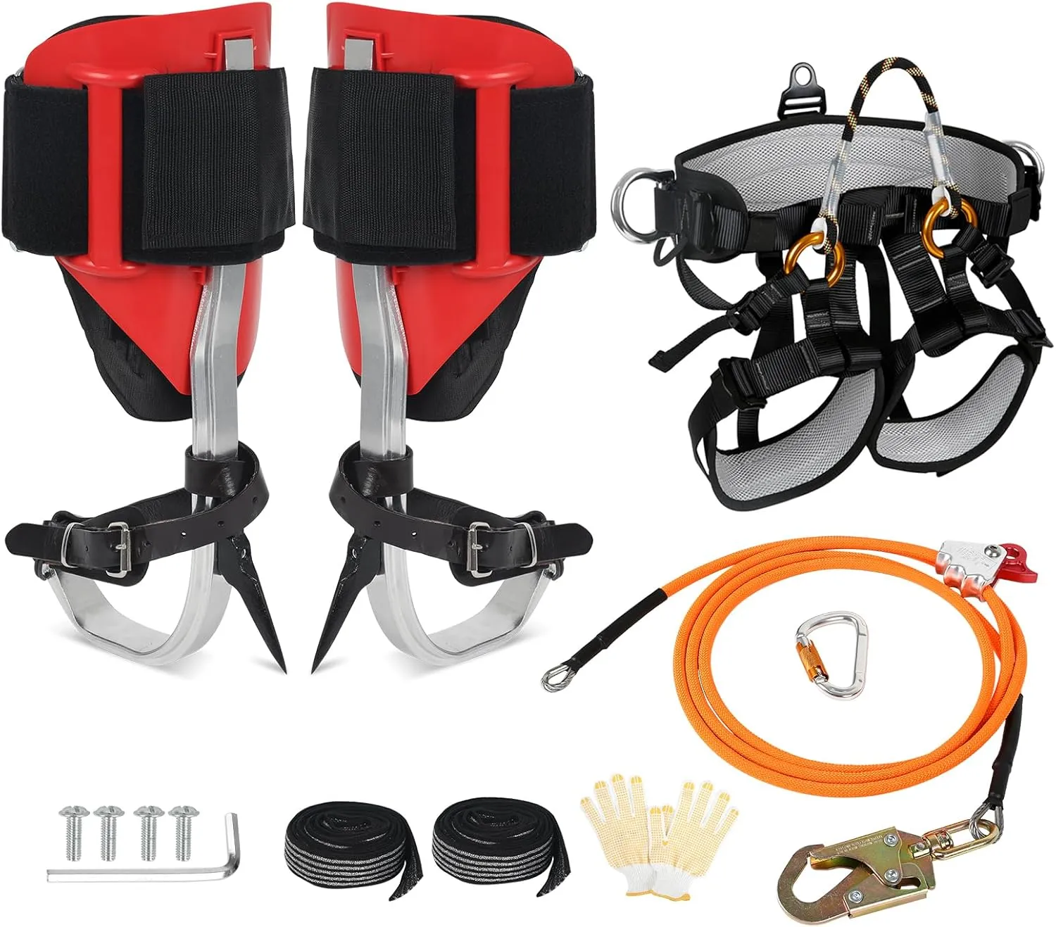 Tree Climbing Spikes Set for Tree Work, Adjustable Tree Climbing Gear with Safety Seat for Tree Climbing and 10FT Steel Wire Core Flip Line Kit for Outdoor Jungle Survival Fruit Picking