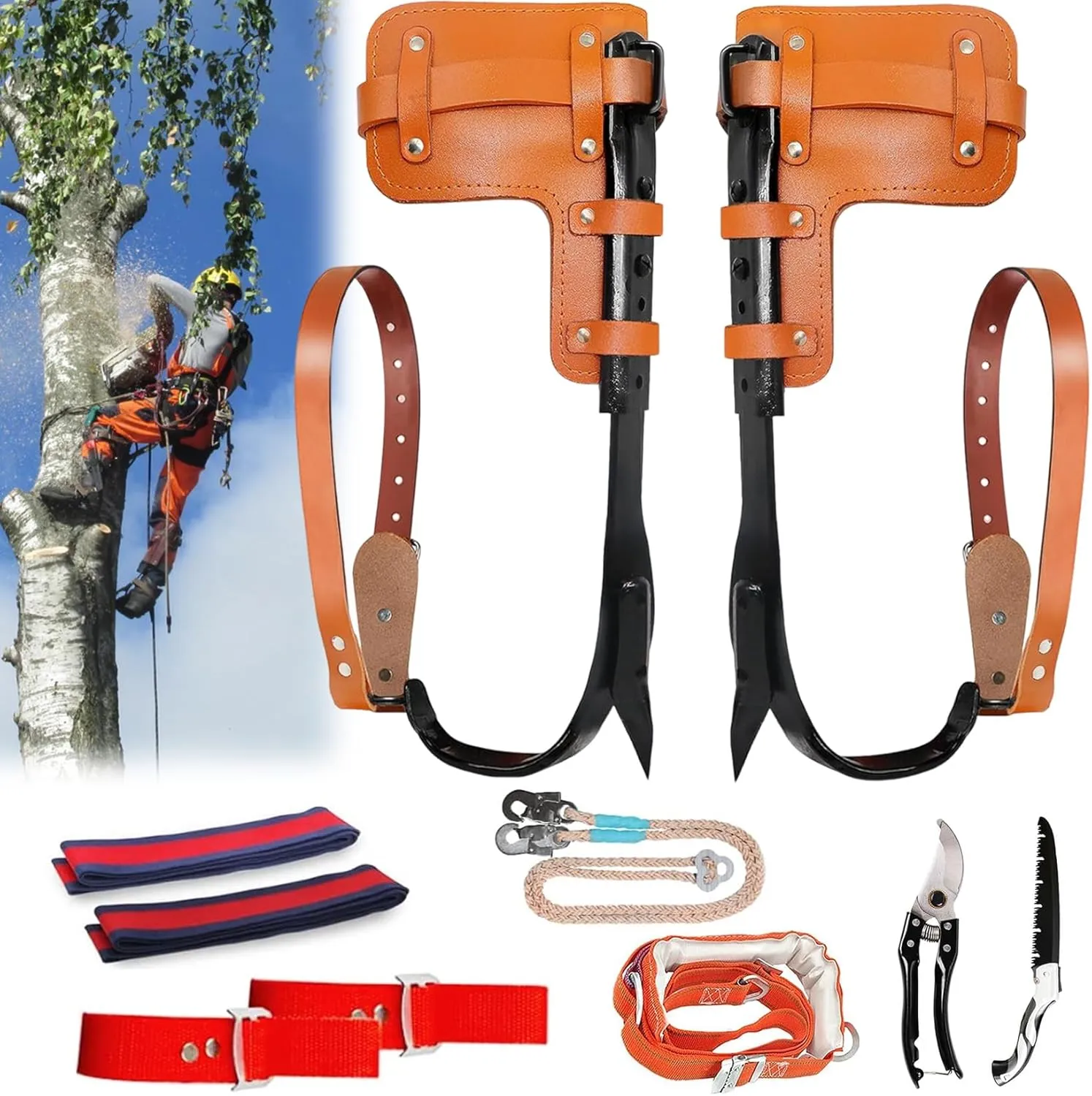 Tree Climbing Spikes Set Upgraded Leather Tree Climbing Tool Set with Harness Belt, Adjustable Tree Climbing Spike for Climbers, Logging, Fruit Picking