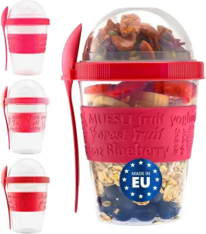 Tribello 20 OZ Overnight Oats Container With Lid, Set of 4 Crunch Cups To Go, Portable Parfait Cup With Compartments for Topping Cereal Or Oatmeal - Red