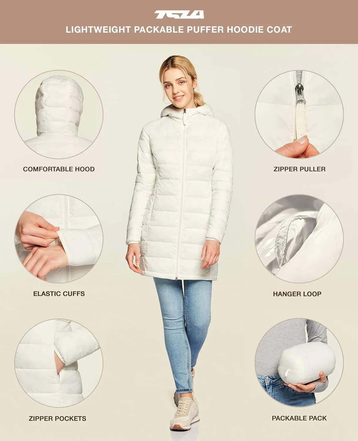 TSLA Women's Lightweight Packable Accent Puffer Jacket, Water-Resistant Winter Coat