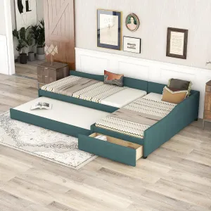 Twin Size Upholstered Double Daybed, with Trundle and Drawer, Green, Space-Saving Furniture for Small Spaces
