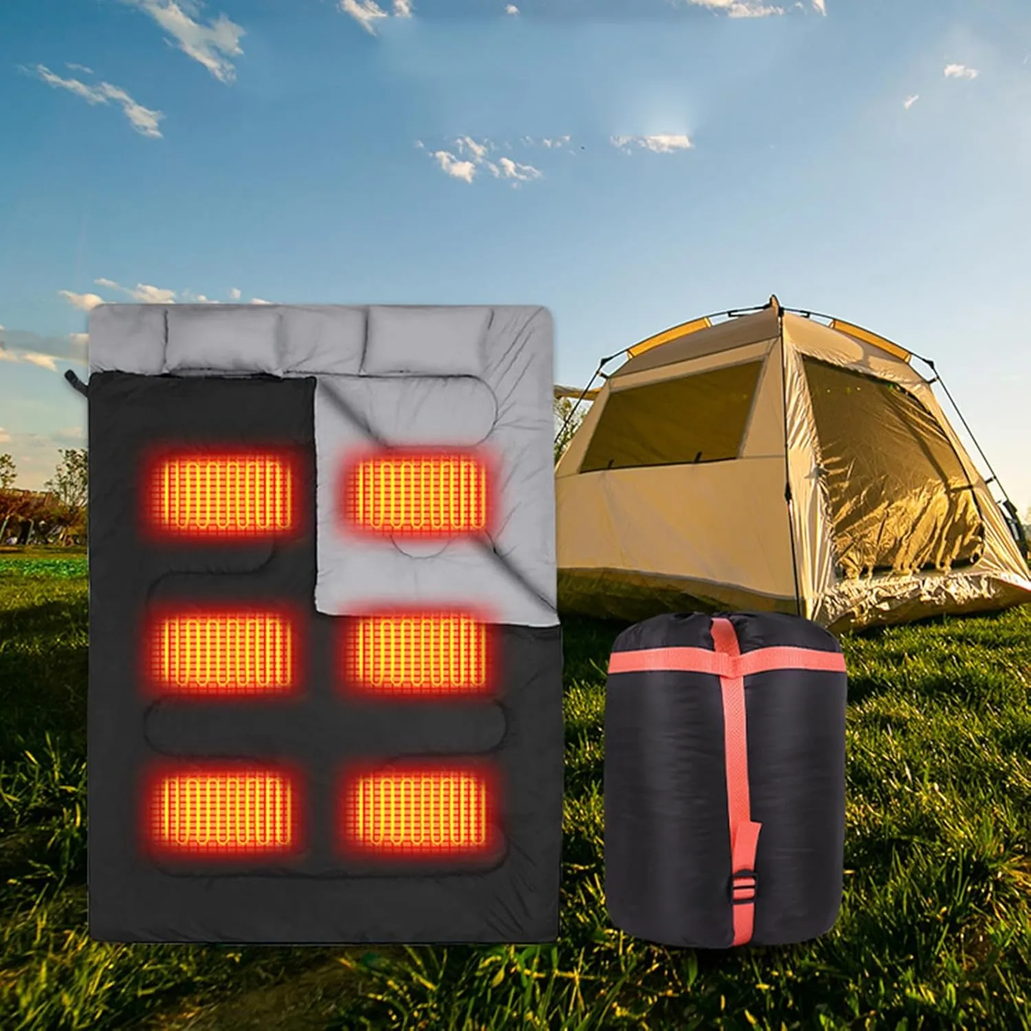 USB Heated Double Sleeping Bag for Adults - 3 Season Queen Size Electric Sleeping Bag for Cold Weather, Warm 2 Person Bag for Camping, Hiking, Backpacking