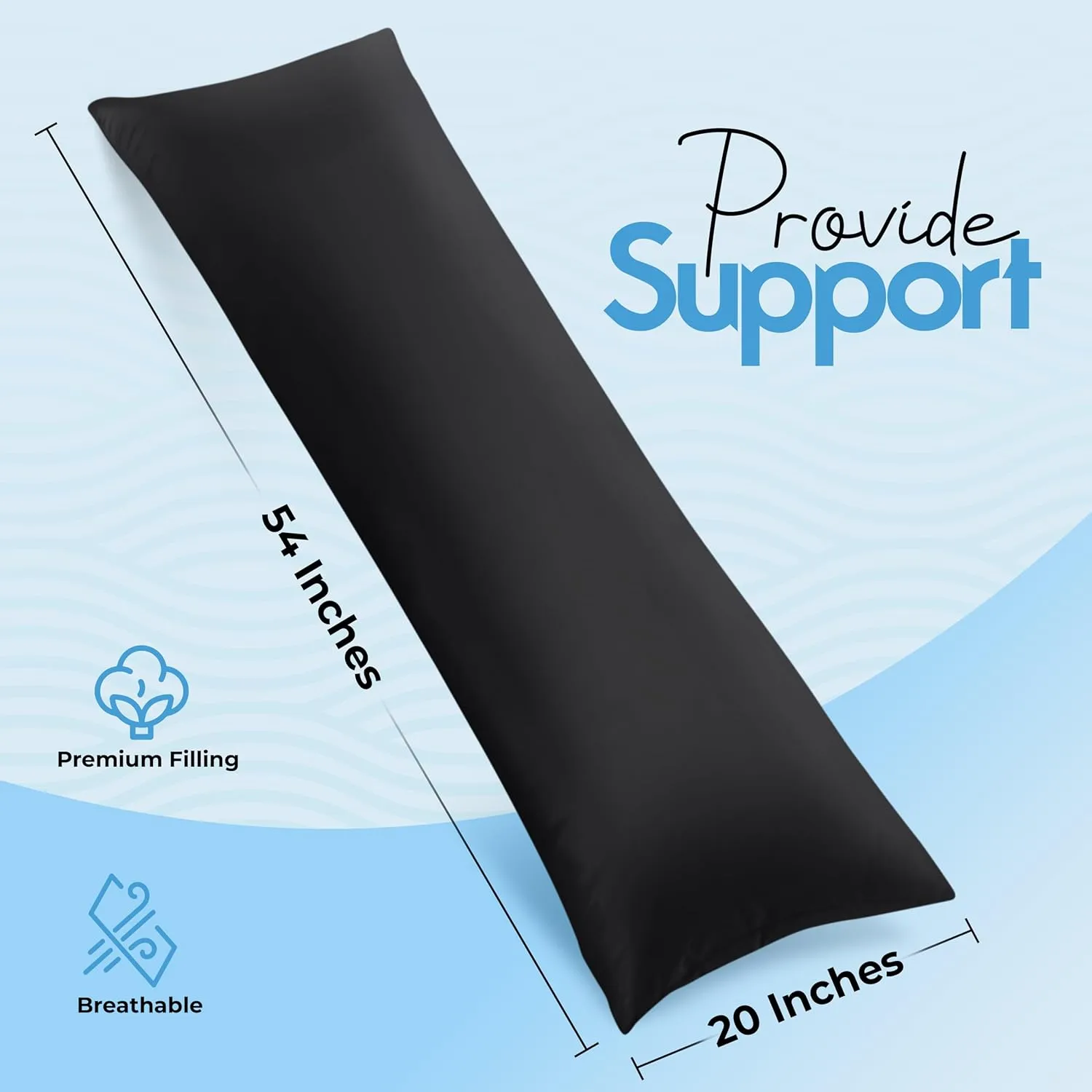 Utopia Bedding Full Body Pillow for Adults (Black, 20 x 54 Inch), Long Pillow Insert for Sleeping, Ideal for Side Sleepers