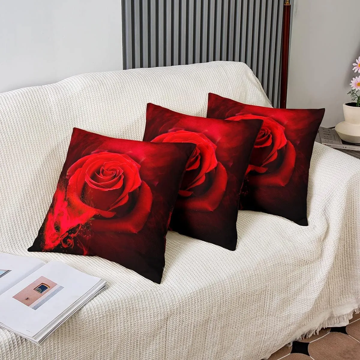 Valentine's Day Pillow Covers 18x18 Set of 2,Red Rose Floral Throw Pillow Covers For Girls,Romantic 3D Digital Printed Cushion Covers For Bed Sofa Botanical Flowers Decorative Square Pillow Cases