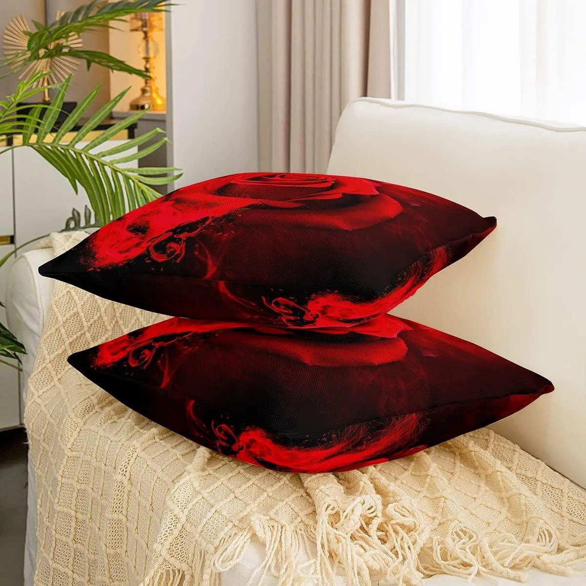 Valentine's Day Pillow Covers 18x18 Set of 2,Red Rose Floral Throw Pillow Covers For Girls,Romantic 3D Digital Printed Cushion Covers For Bed Sofa Botanical Flowers Decorative Square Pillow Cases