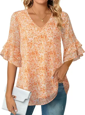 VALOLIA Womens Blouses 3/4 Sleeve Dressy Tops Business Casual Double Layers Shirts