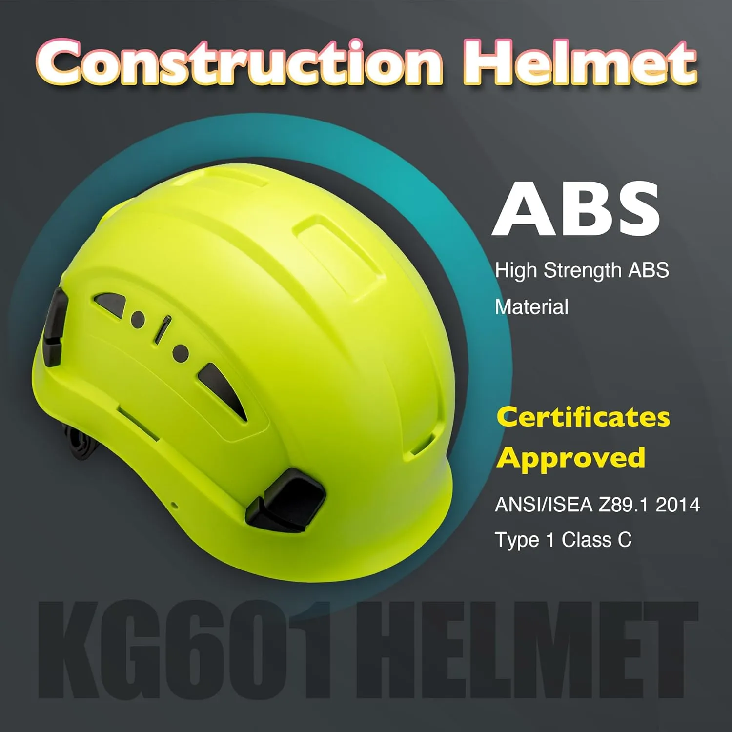 Vented Hard Safety Helmet, ABS Work Helmet with Adjustable 6-Point Suspension, ANSI Z89.1 Certified for Construction, Climbing, and Industrial Use