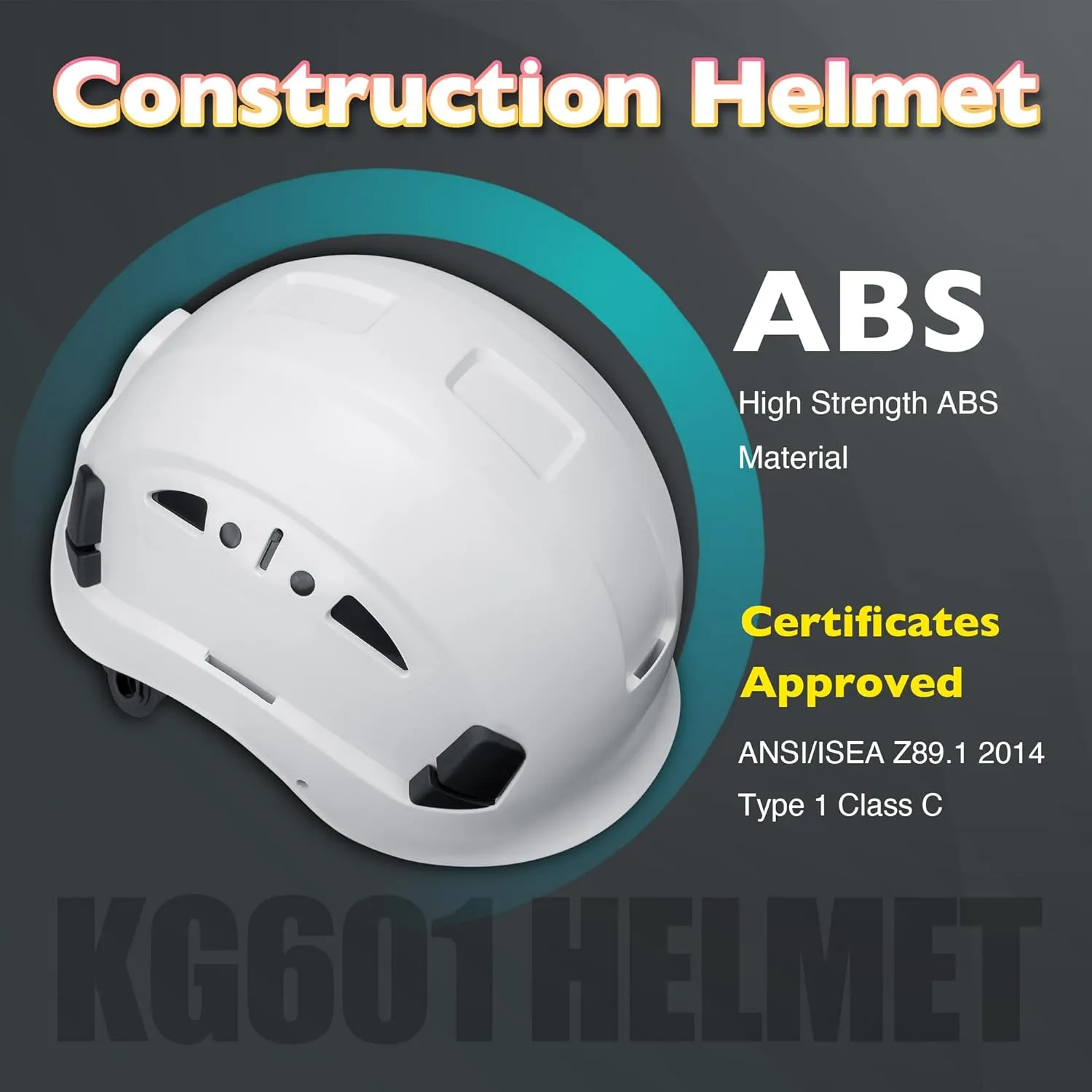 Vented Hard Safety Helmet, ABS Work Helmet with Adjustable 6-Point Suspension, ANSI Z89.1 Certified for Construction, Climbing, and Industrial Use