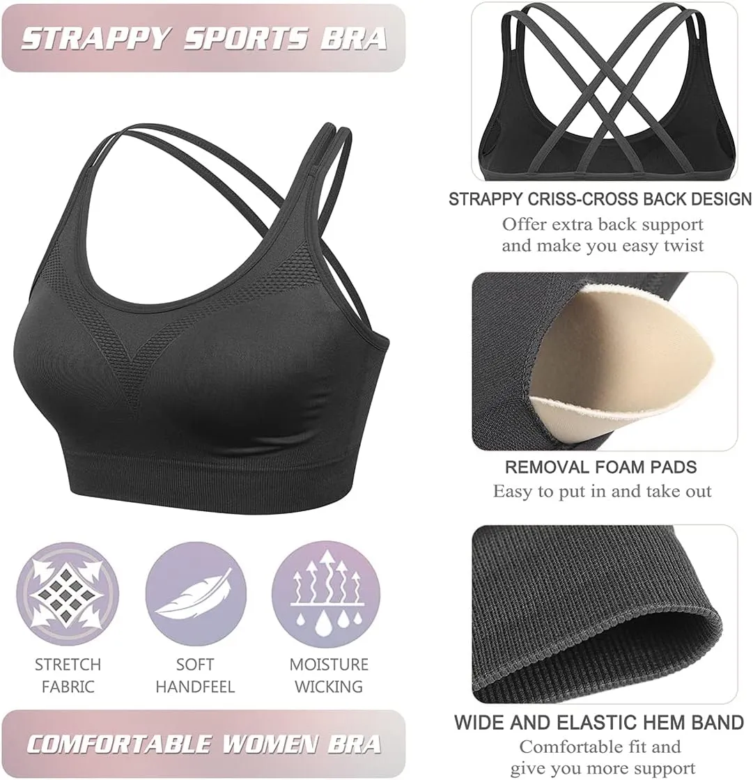 VEQKING Strappy Womens Sports Bra Cross Back for Running Removable Padded Workout Yoga Bras Pack Gifts