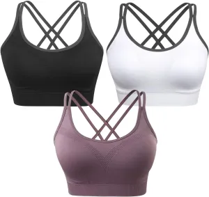 VEQKING Strappy Womens Sports Bra Cross Back for Running Removable Padded Workout Yoga Bras Pack Gifts