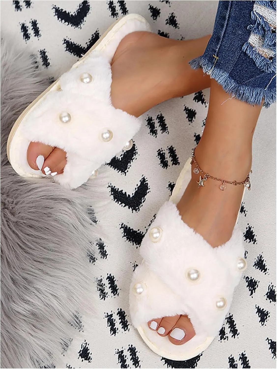 Verdusa Women's Pearl Fuzzy House Slippers Open Toe Criss Cross Straps Indoor Shoes