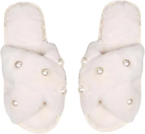 Verdusa Women's Pearl Fuzzy House Slippers Open Toe Criss Cross Straps Indoor Shoes