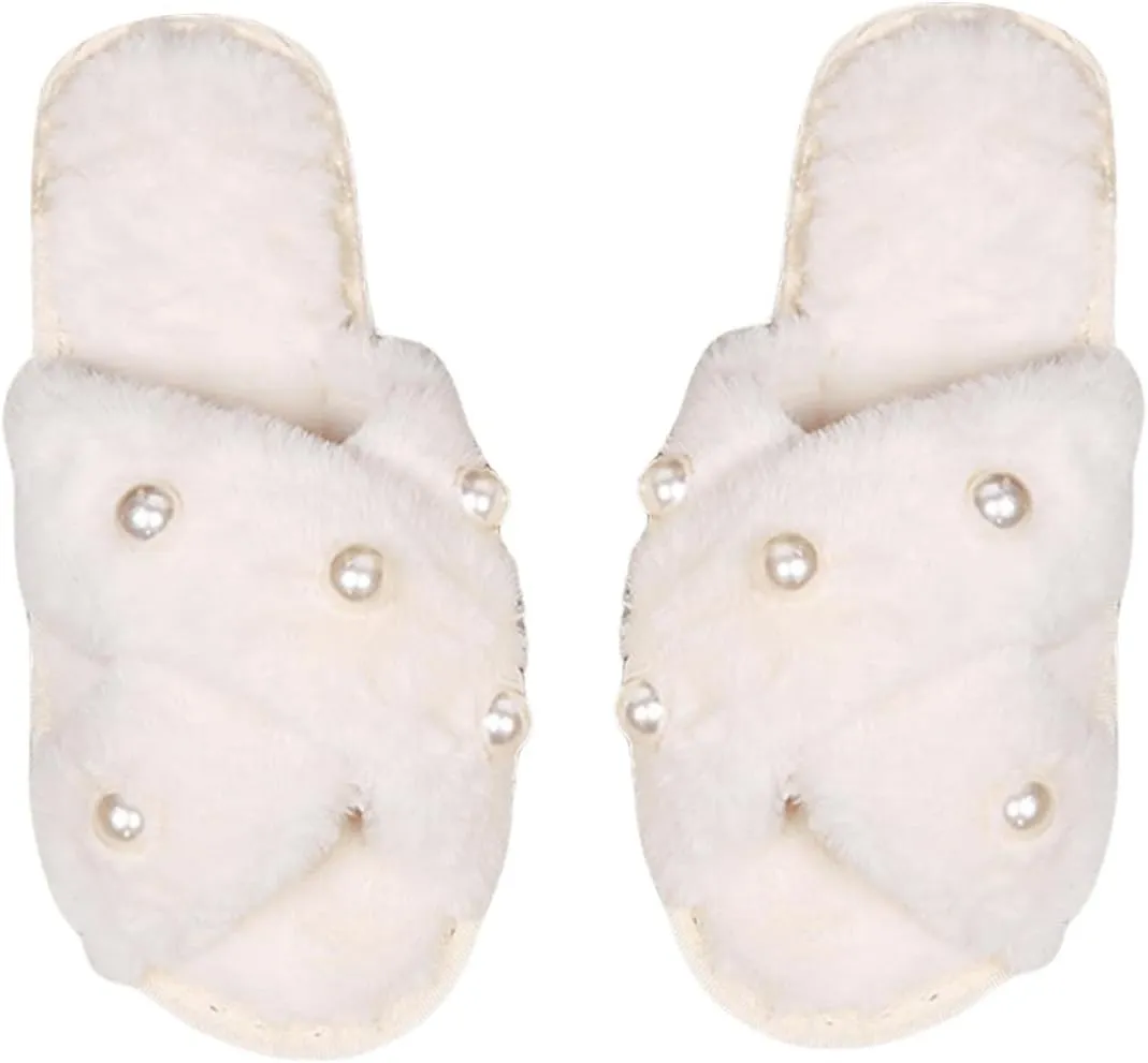 Verdusa Women's Pearl Fuzzy House Slippers Open Toe Criss Cross Straps Indoor Shoes