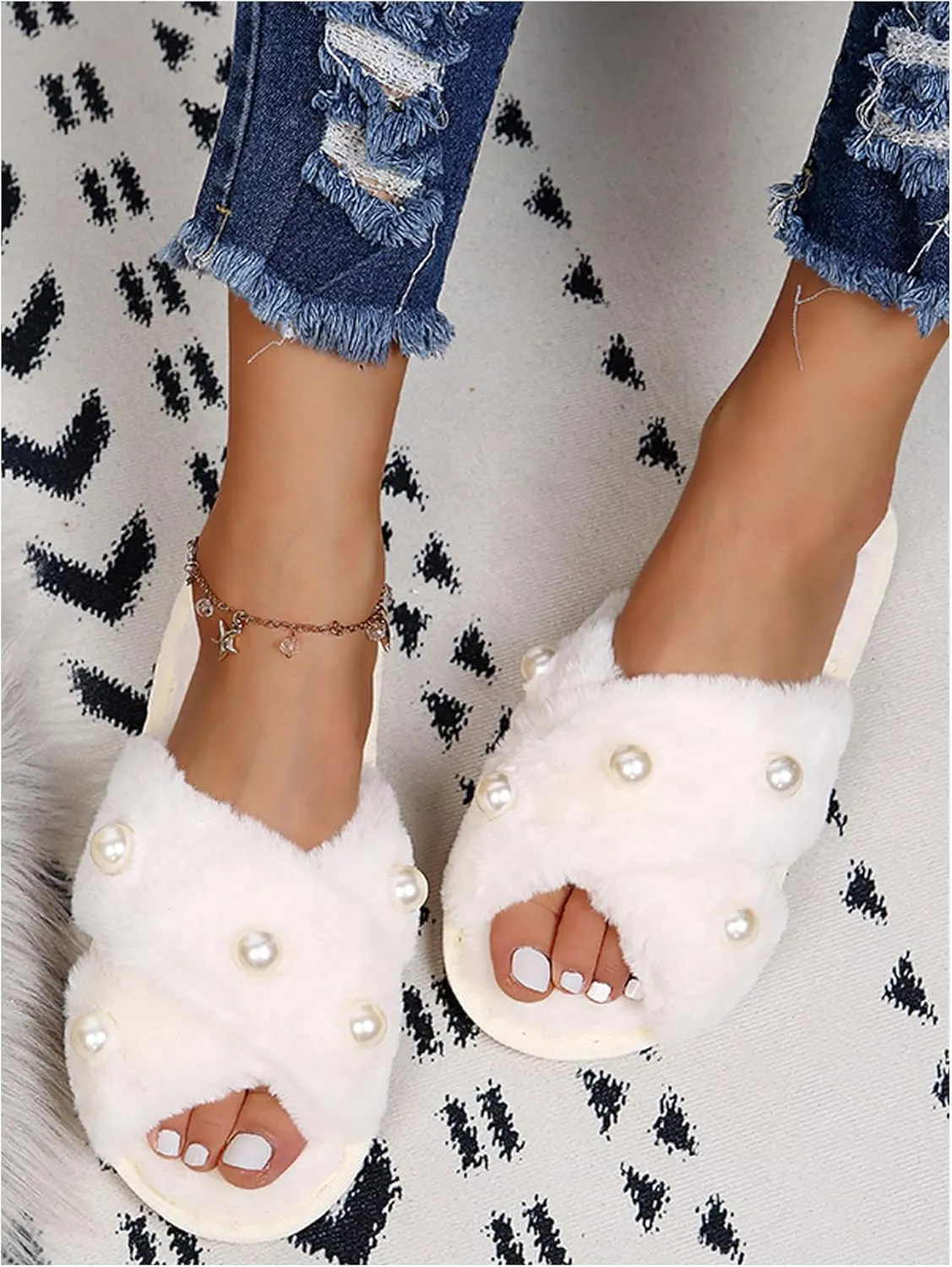 Verdusa Women's Pearl Fuzzy House Slippers Open Toe Criss Cross Straps Indoor Shoes