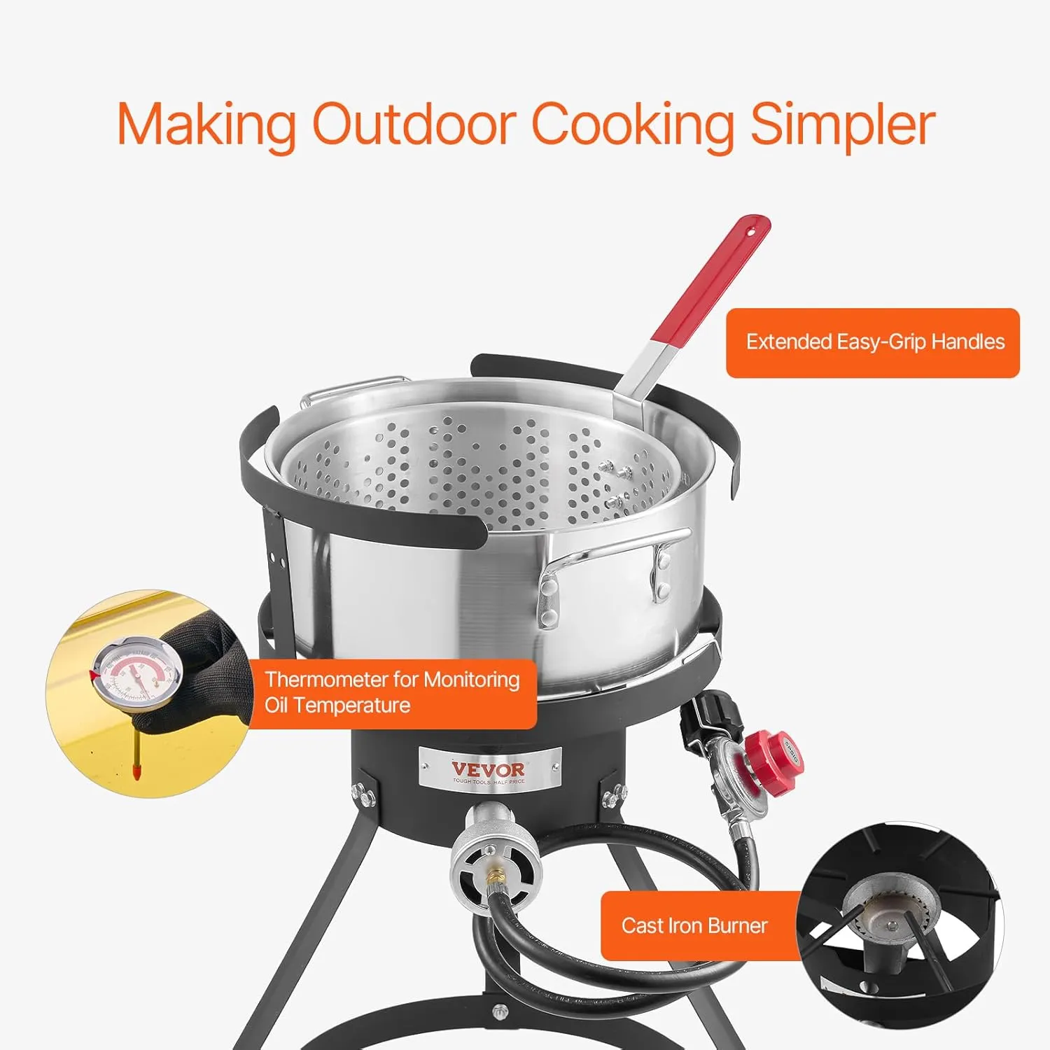 VEVOR 10 Qt Fish and Wing Fryer, Aluminum Propane Fish Fryer Kit, Outdoor Deep Fryer Seafood Pot with Thermometer, Strainer Basket, and 54,000 BTUs Propane Burners, for Outdoor and Backyard Cooking