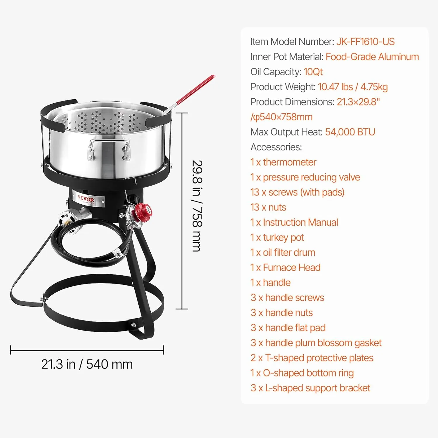 VEVOR 10 Qt Fish and Wing Fryer, Aluminum Propane Fish Fryer Kit, Outdoor Deep Fryer Seafood Pot with Thermometer, Strainer Basket, and 54,000 BTUs Propane Burners, for Outdoor and Backyard Cooking