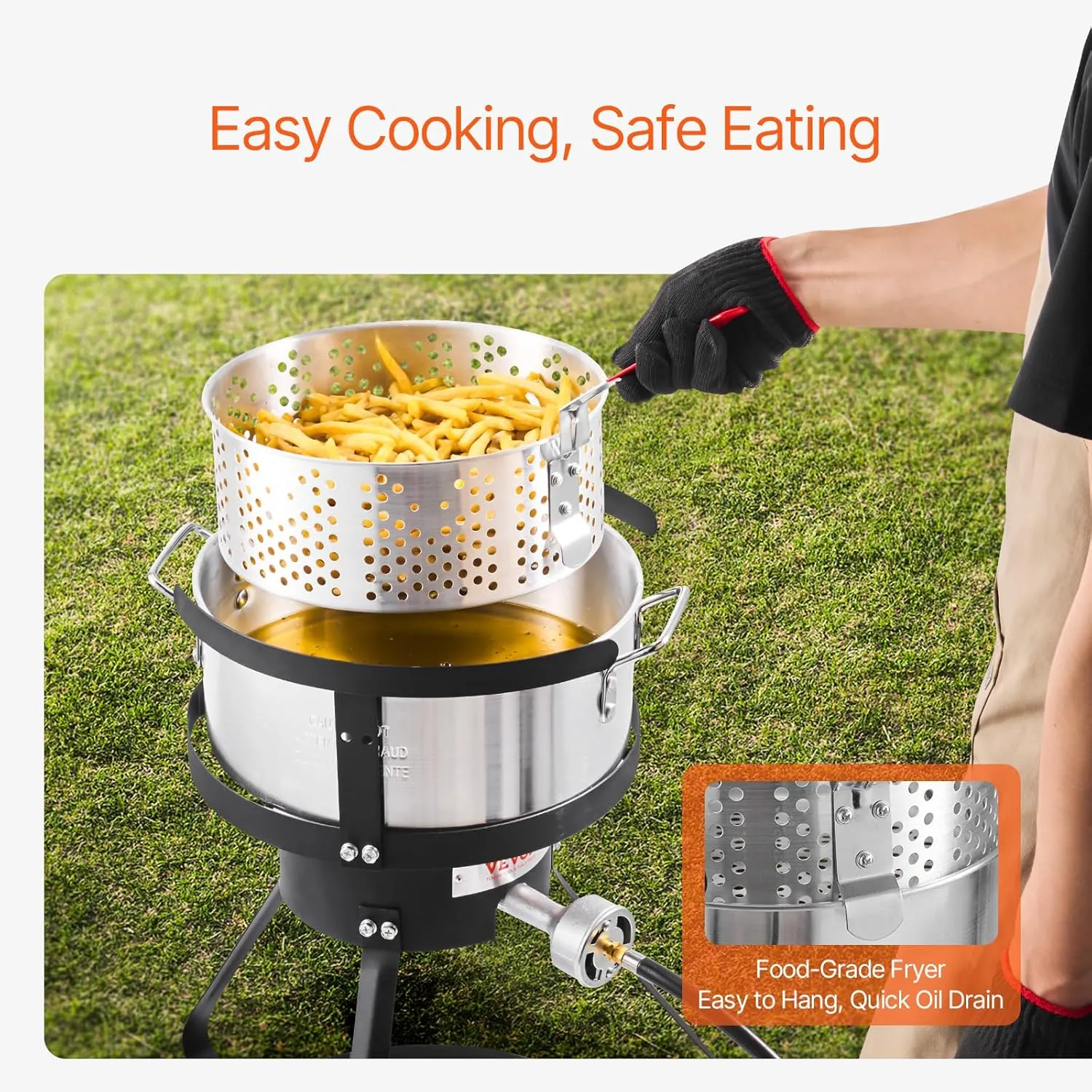 VEVOR 10 Qt Fish and Wing Fryer, Aluminum Propane Fish Fryer Kit, Outdoor Deep Fryer Seafood Pot with Thermometer, Strainer Basket, and 54,000 BTUs Propane Burners, for Outdoor and Backyard Cooking