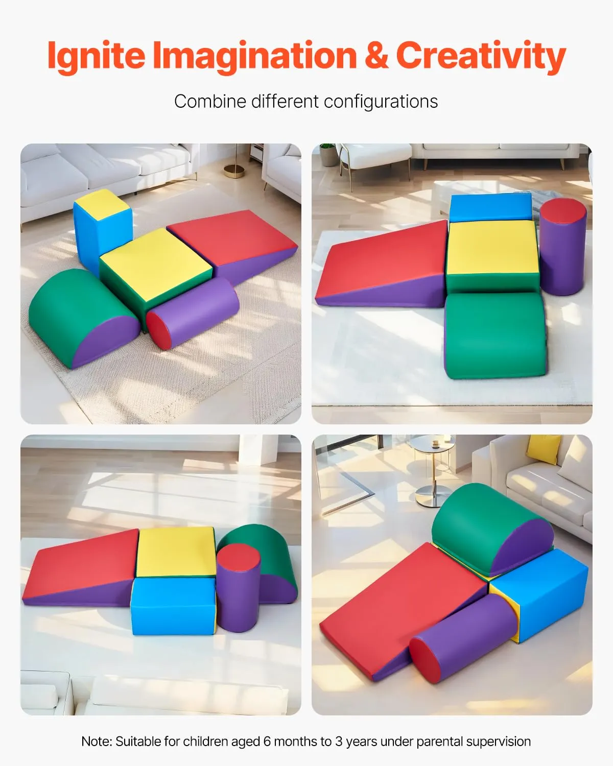 VEVOR Climbing Toys, 5-Piece Set, Foam Climbing Toys for Toddlers 6 Months to 3 Years Old, PU Leather Climbing Blocks, Indoor Climb and Crawl Activity Playset for Crawling & Sliding, Easy to Clean